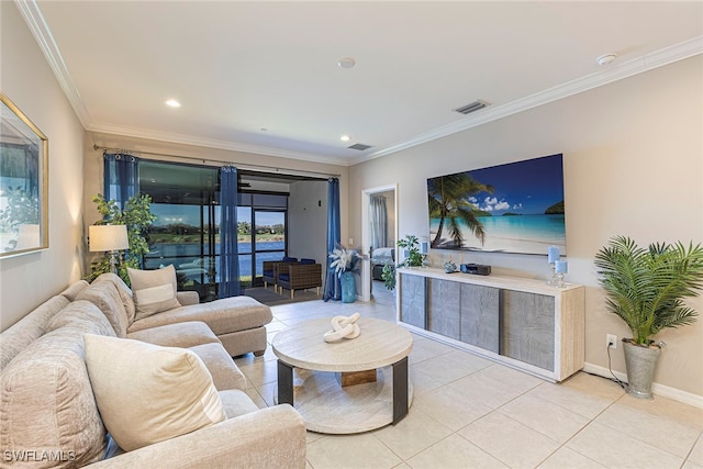 tiled living room with a wealth of natural light and crown molding