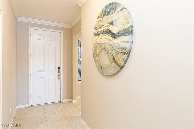 hall with light tile patterned floors and crown molding