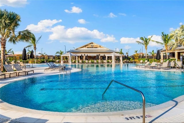 view of pool featuring a gazebo and a patio area