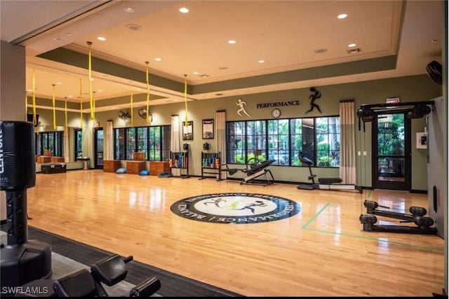 gym with a tray ceiling, ornamental molding, and hardwood / wood-style flooring