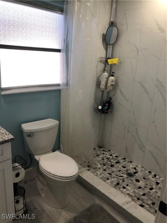 bathroom with a shower with curtain, vanity, and toilet