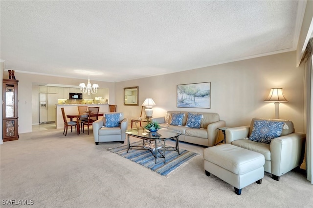 carpeted living room featuring a notable chandelier, crown molding, and a textured ceiling