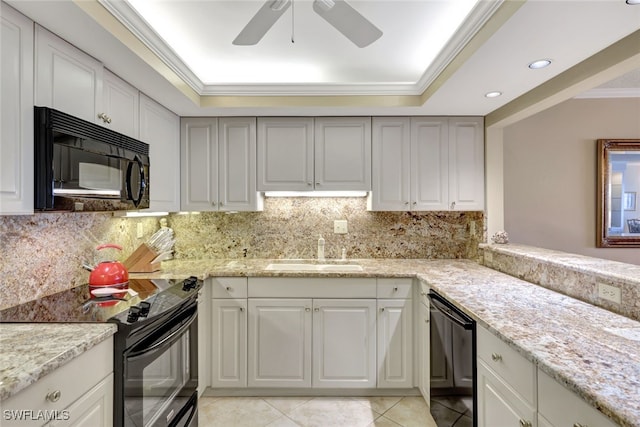 kitchen featuring black appliances, sink, decorative backsplash, ornamental molding, and light tile patterned flooring