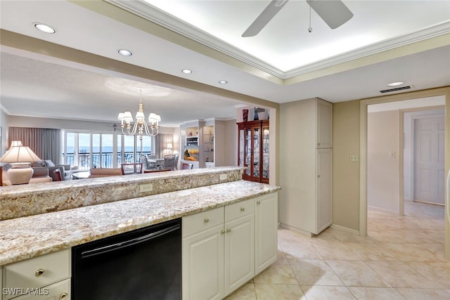 kitchen with hanging light fixtures, black dishwasher, light stone counters, crown molding, and light tile patterned floors