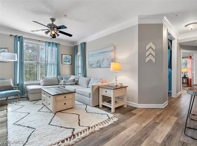 living room featuring hardwood / wood-style flooring, ceiling fan, ornamental molding, and a textured ceiling