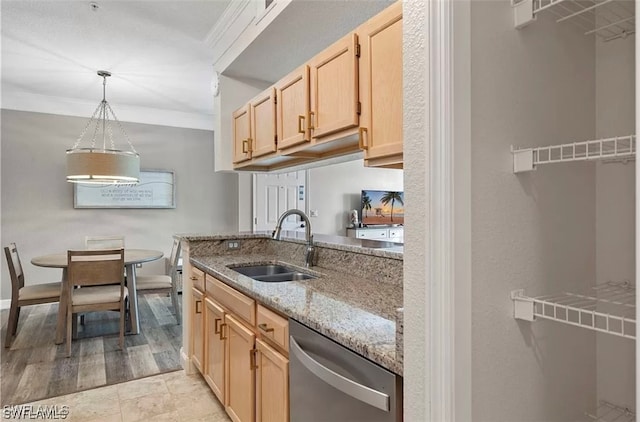 kitchen featuring sink, light stone counters, stainless steel dishwasher, crown molding, and light brown cabinetry