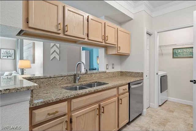 kitchen with light stone countertops, sink, stainless steel dishwasher, light brown cabinetry, and ornamental molding