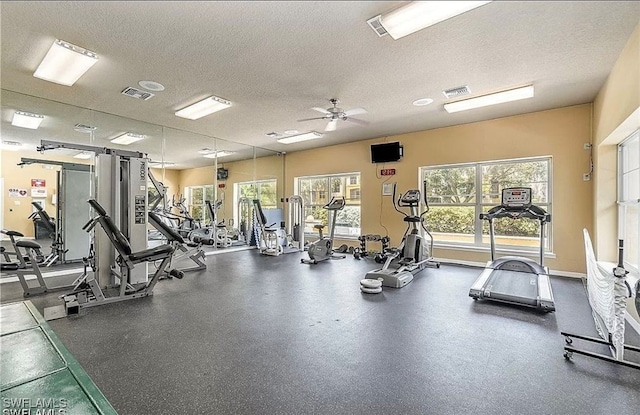 exercise room with ceiling fan and a textured ceiling