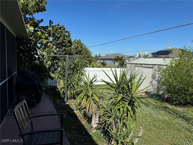 view of yard featuring a storage shed