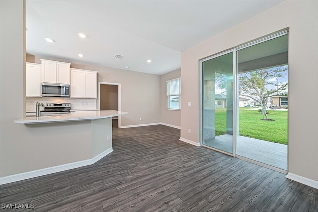 kitchen with white cabinets, dark hardwood / wood-style floors, appliances with stainless steel finishes, and tasteful backsplash