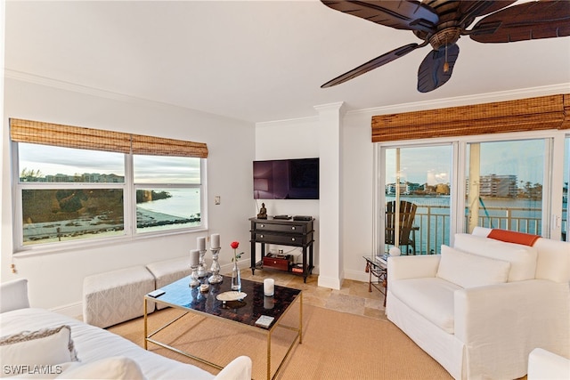 living room featuring ceiling fan and ornamental molding