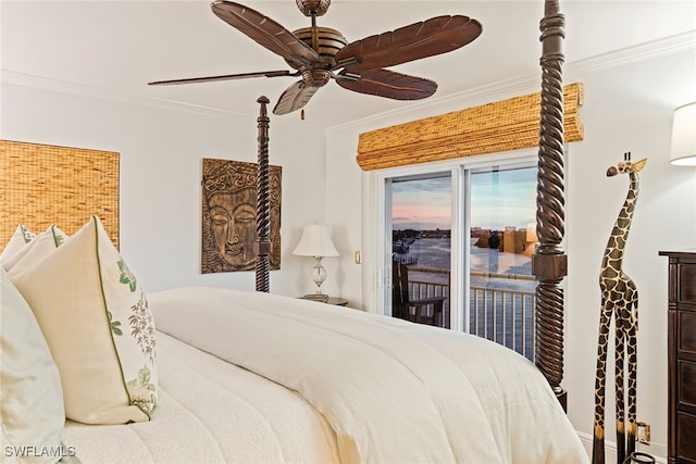 bedroom with access to exterior, ceiling fan, and ornamental molding