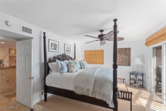 bedroom with ceiling fan and ornamental molding