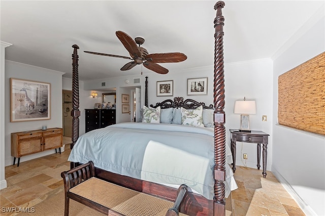 bedroom with ceiling fan and crown molding