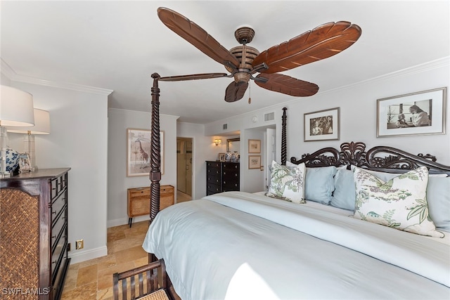 bedroom featuring ceiling fan and crown molding