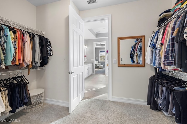 spacious closet featuring light colored carpet