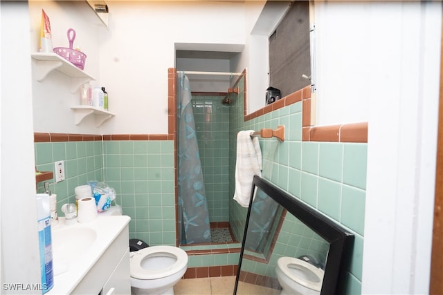 bathroom featuring curtained shower, tile walls, and toilet