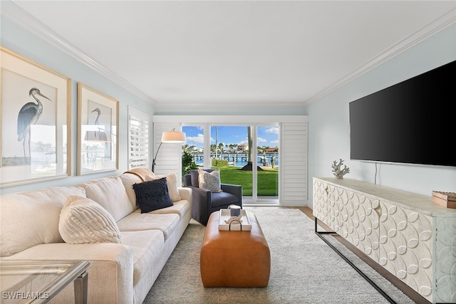 living room with hardwood / wood-style flooring, plenty of natural light, and crown molding