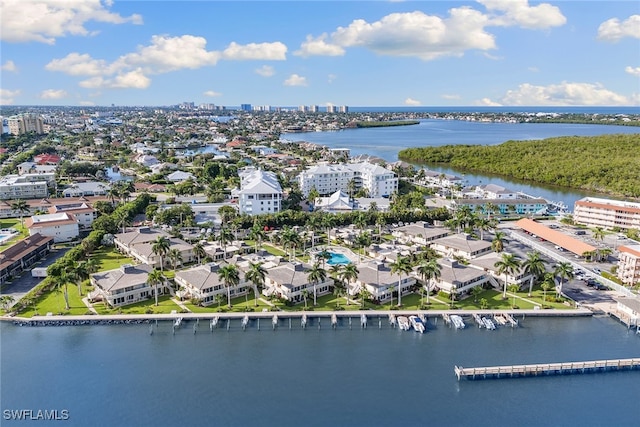 birds eye view of property featuring a water view