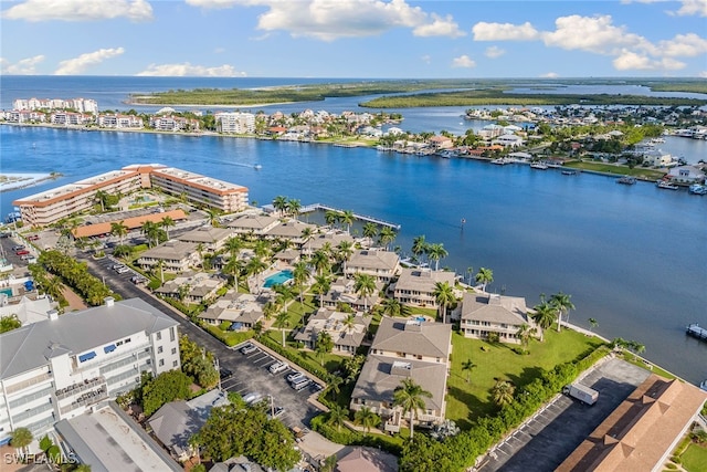 bird's eye view with a water view