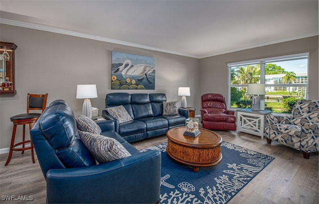 living room with wood-type flooring and ornamental molding