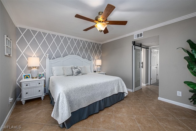 tiled bedroom featuring a barn door, ceiling fan, and crown molding