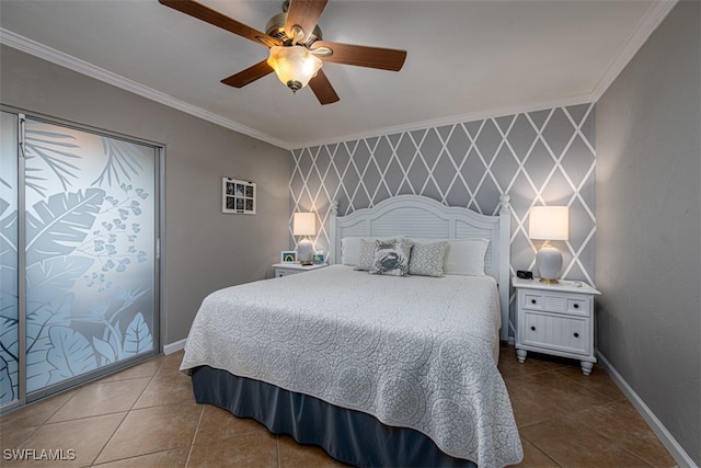 tiled bedroom with ceiling fan and ornamental molding