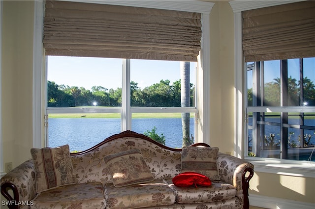 living room with a water view