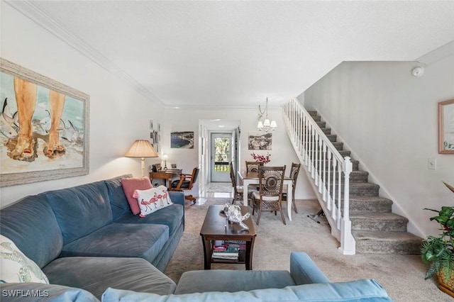 carpeted living room featuring crown molding and a chandelier