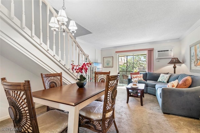 dining space featuring a textured ceiling, light carpet, and a wall mounted AC