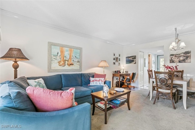 carpeted living room with an inviting chandelier and ornamental molding