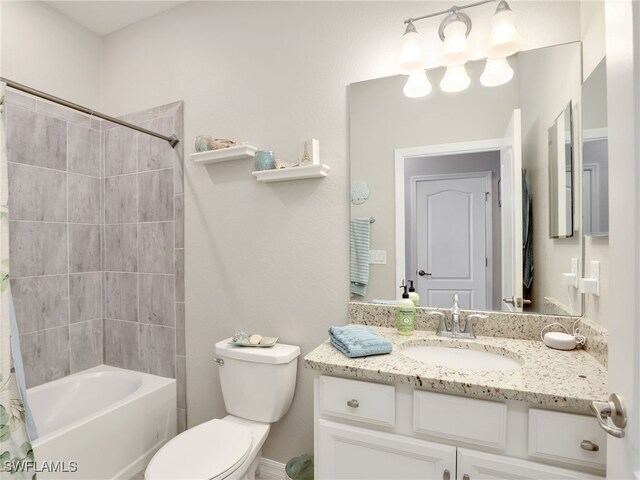 full bathroom with toilet, vanity, and shower / bathtub combination with curtain