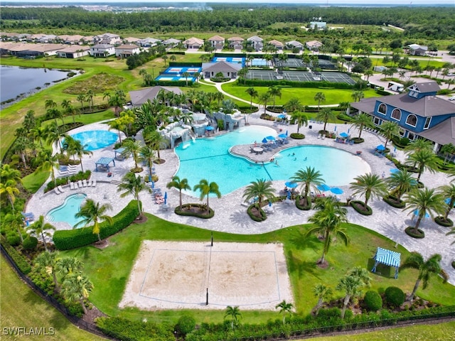 bird's eye view with a residential view and a water view