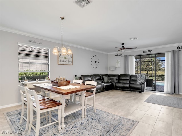 19431 Elston Way, Estero, FL 33928 - dining space featuring crown molding, a ceiling fan, a chandelier, and light tile patterned floors