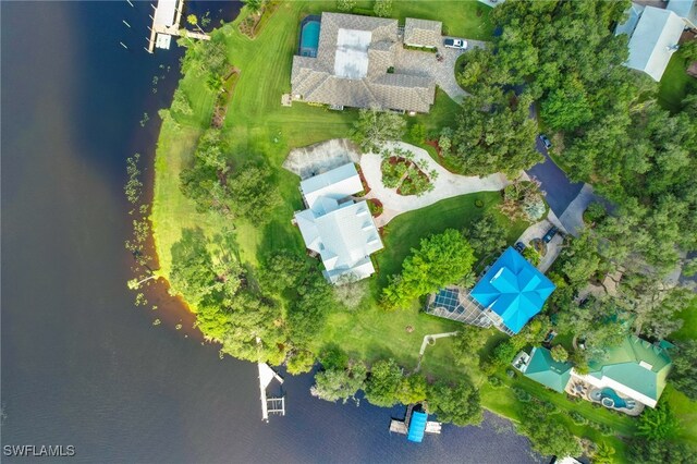 bird's eye view with a water view