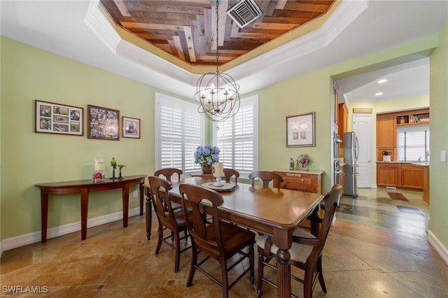 dining area with a chandelier, ornamental molding, a raised ceiling, and wooden ceiling