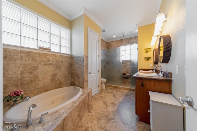 full bathroom featuring ornamental molding, vanity, a healthy amount of sunlight, and shower with separate bathtub