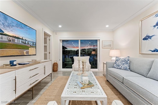 living room featuring crown molding