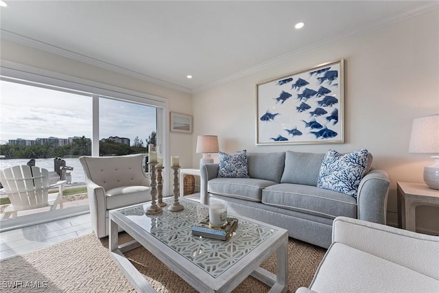 tiled living room with crown molding