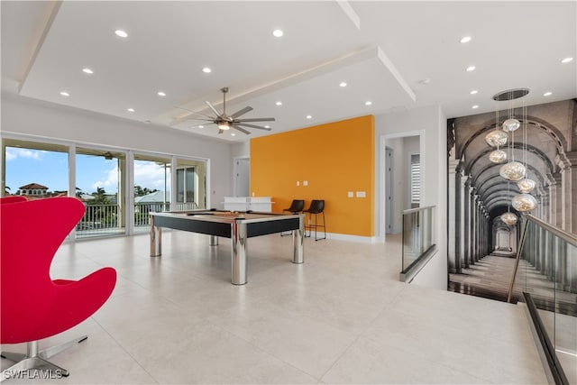 game room with ceiling fan with notable chandelier and billiards