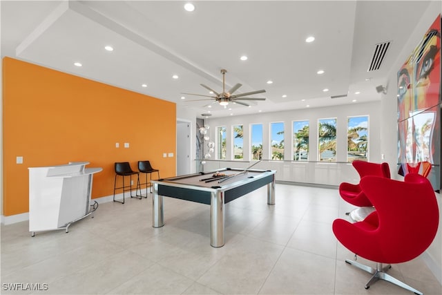 playroom with ceiling fan and pool table