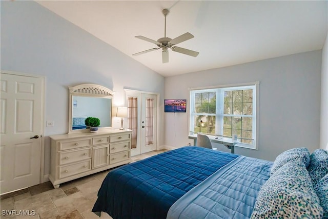 bedroom with ceiling fan and lofted ceiling