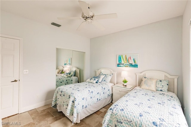 bedroom featuring ceiling fan and a closet