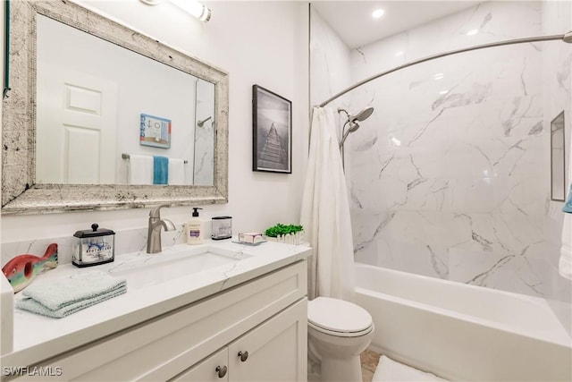 full bathroom with vanity, toilet, and shower / bathtub combination with curtain