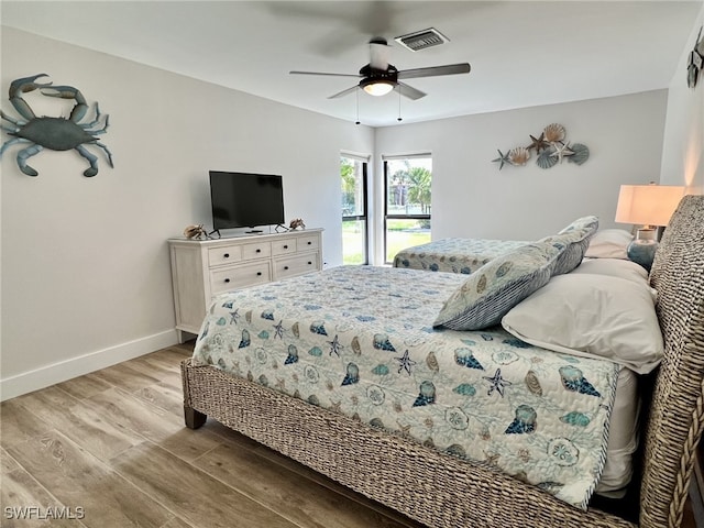 bedroom featuring ceiling fan and light wood-type flooring