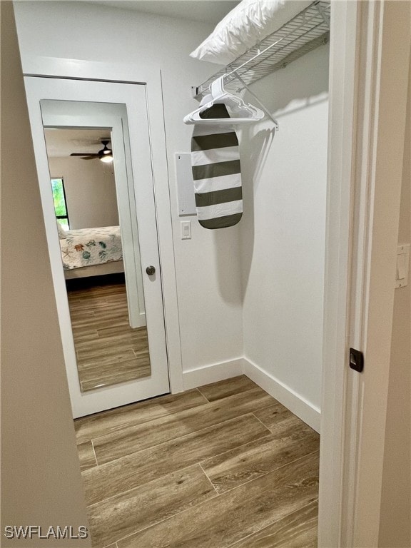 spacious closet with ceiling fan and wood-type flooring