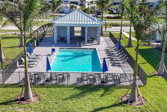 view of swimming pool featuring a gazebo, a patio, and a lawn