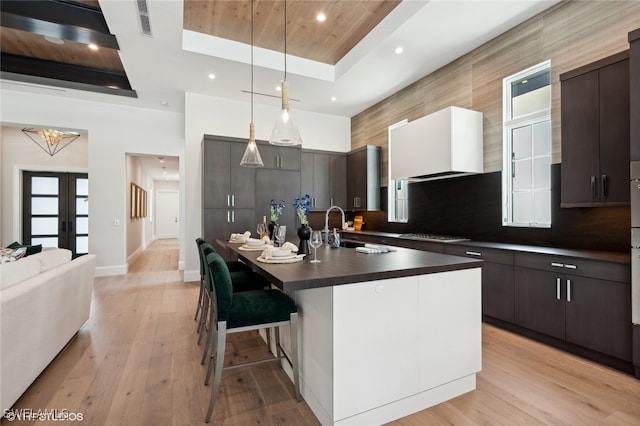 kitchen featuring a tray ceiling, dark brown cabinetry, french doors, and light wood-type flooring