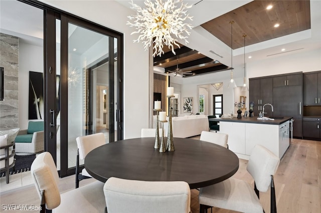 dining area featuring ceiling fan with notable chandelier, a tray ceiling, sink, light hardwood / wood-style flooring, and wooden ceiling