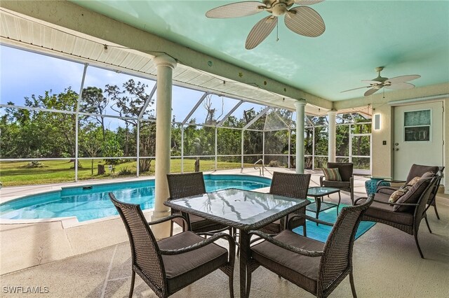 exterior space featuring ceiling fan